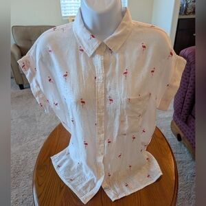 Rails Whitney White W/Pink Flamingo Print Button-Up Linen Blend Blouse, Size S
